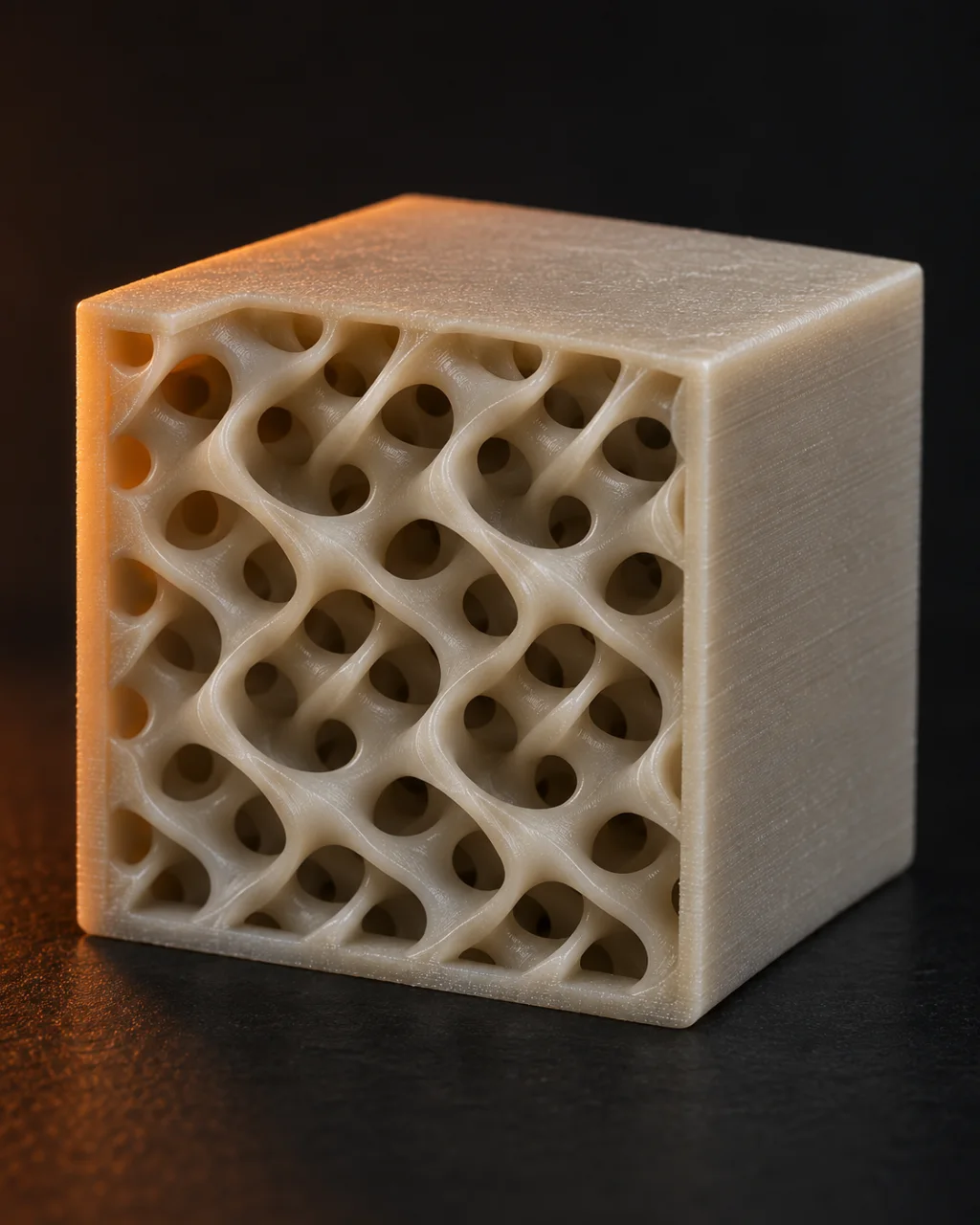 Cut-open part showing gyroid lattice infill